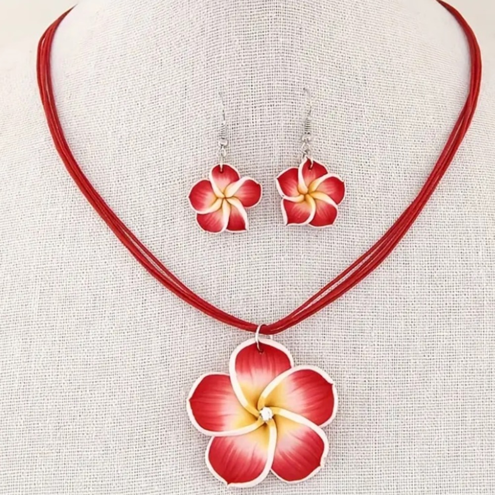 Tropical Red Plumeria Flower Necklace & Earring Set
